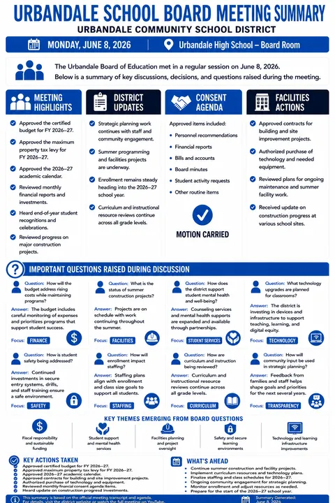 Urbandale Community Schools — School Board Meeting Summary — June 8, 2026 infographic