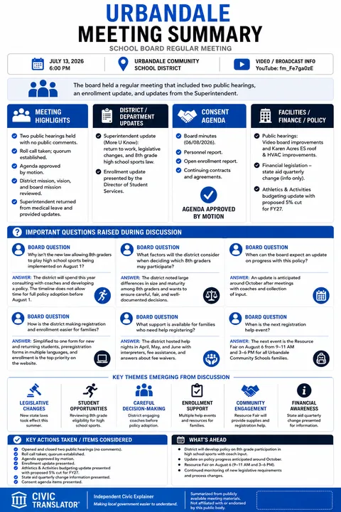 Urbandale Community Schools — School Board Meeting Summary — July 13, 2026 infographic