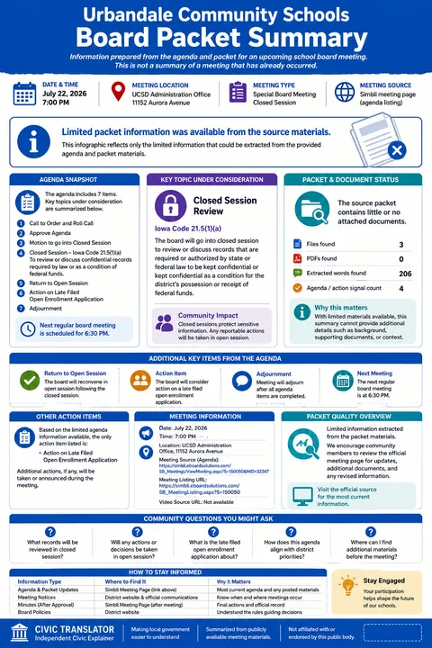 Urbandale Community Schools — School Board Packet Summary — July 22, 2026 infographic