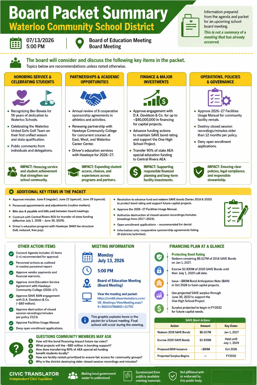 School Board Agenda & Packet Summary – Waterloo Community School District – July 13, 2026 infographic
