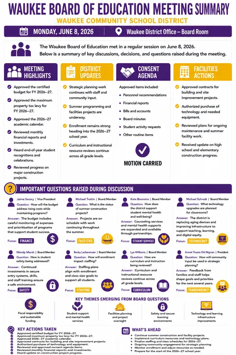 Waukee Community Schools — School Board Meeting Summary — June 8, 2026 infographic