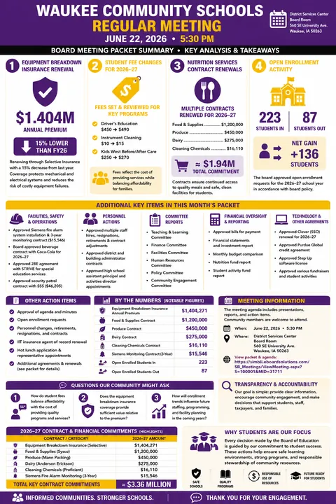 Waukee Community Schools — School Board Packet Summary — June 22, 2026 infographic