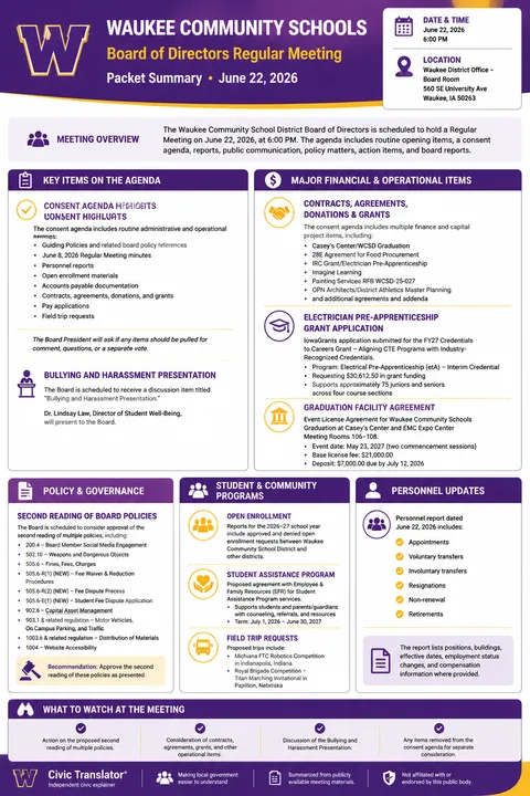 Waukee Community Schools — School Board Packet Summary — June 22, 2026 infographic