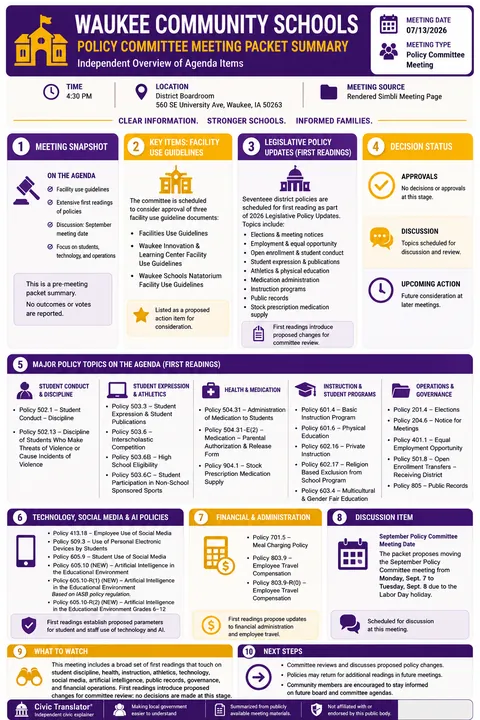 Waukee Community Schools — School Board Packet Summary — July 13, 2026 infographic