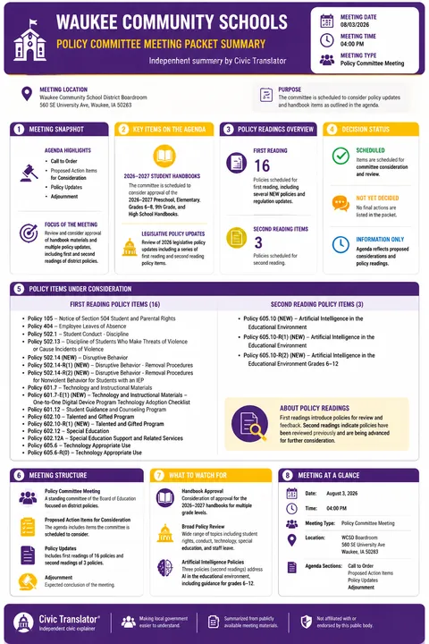 Waukee Community Schools — School Board Packet Summary — August 3, 2026 infographic