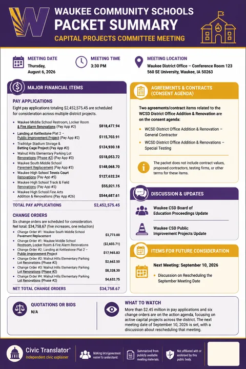 Waukee Community Schools — School Board Packet Summary — August 6, 2026 infographic