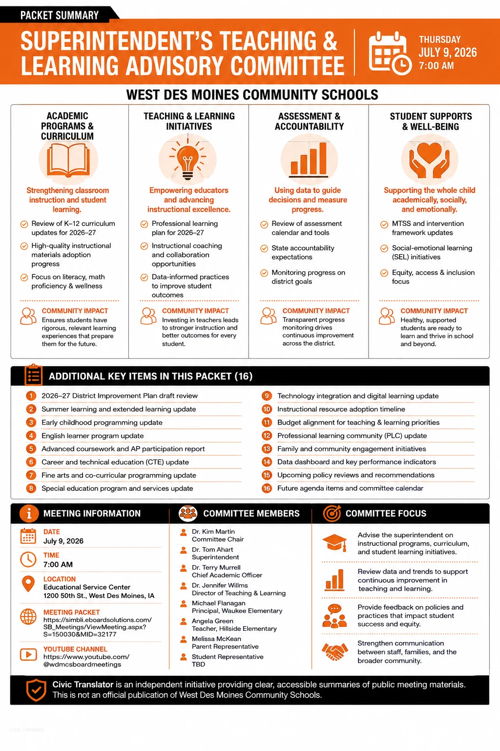 School Board Agenda & Packet Summary – West Des Moines Community Schools – July 9, 2026 infographic