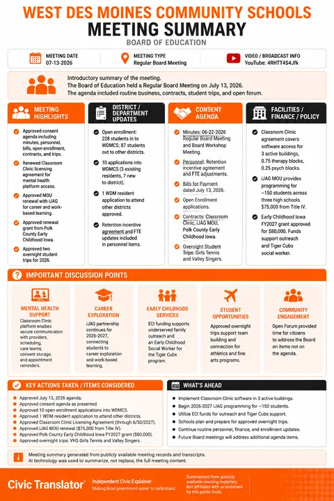 West Des Moines Community Schools — School Board Meeting Summary — July 13, 2026 infographic