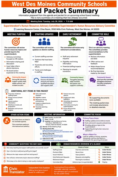 West Des Moines Community Schools — School Board Meeting — Packet Summary — July 28, 2026 infographic