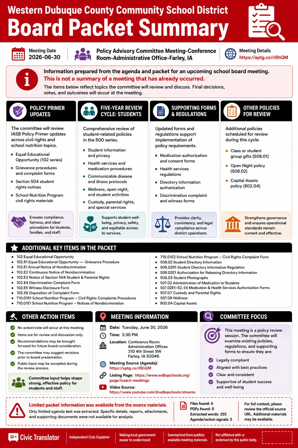School Board Agenda & Packet Summary – WDCSD – June 30, 2026 infographic