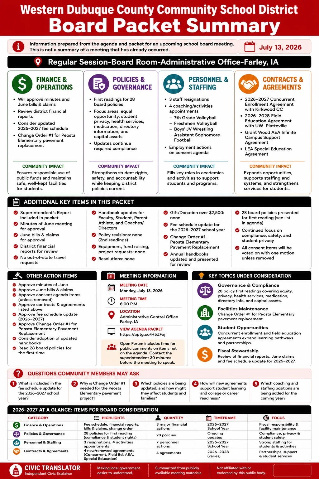 School Board Agenda & Packet Summary – WDCSD – July 13, 2026 infographic