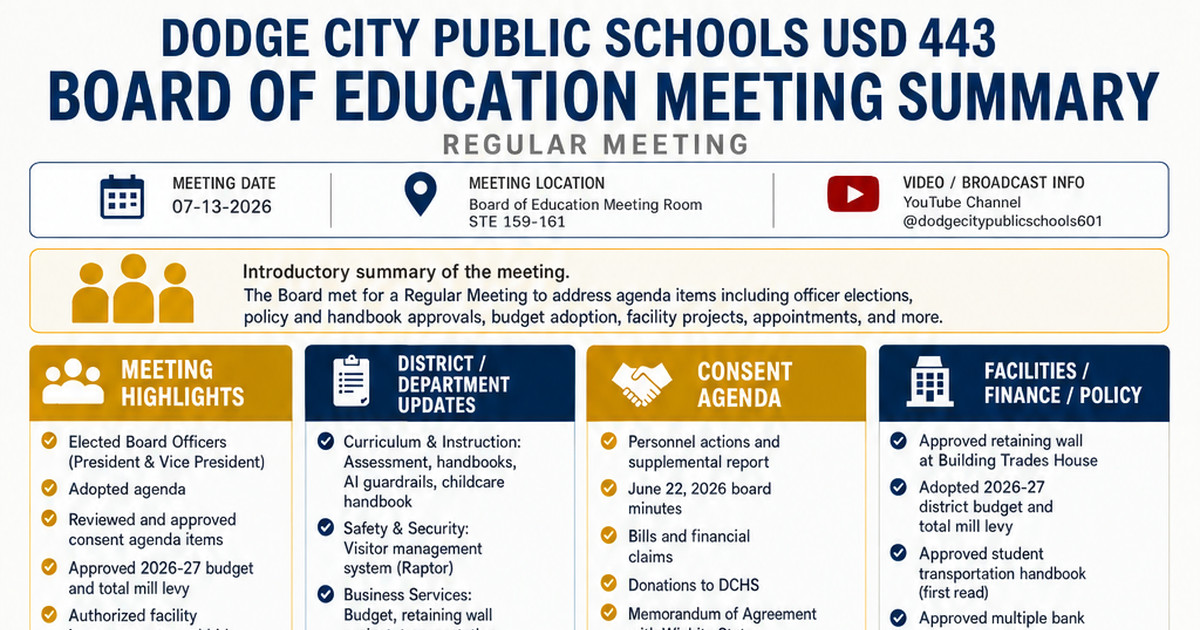 Dodge City Public Schools USD 443 Board of Education latest meeting summary