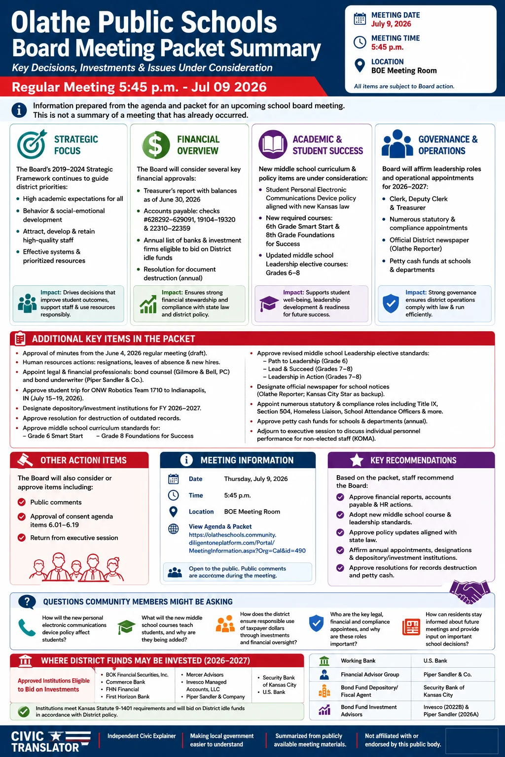 School Board Agenda & Packet Summary – Olathe Public Schools – July 9, 2026 infographic