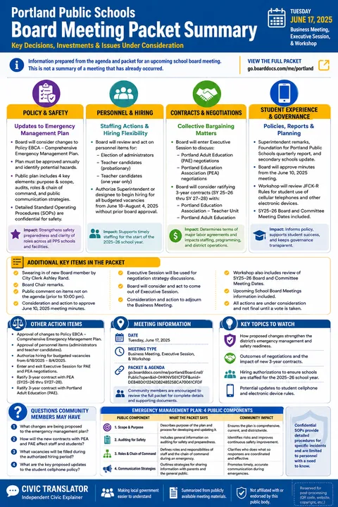 Portland Public Schools — School Board Packet Summary — June 17, 2025 infographic