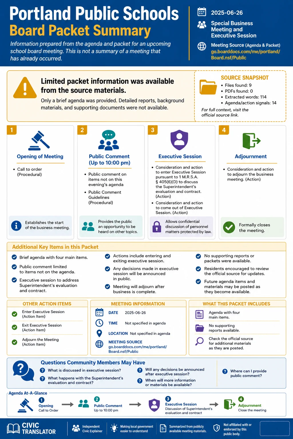 School Board Agenda & Packet Summary – Portland Public Schools – June 26, 2025 infographic