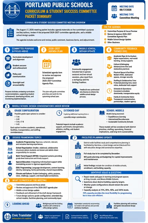 Portland Public Schools — School Board Packet Summary — August 17, 2026 infographic