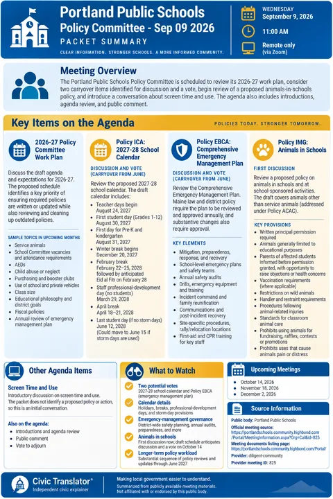 Portland Public Schools — School Board Meeting — Agenda Summary — September 9, 2026 infographic