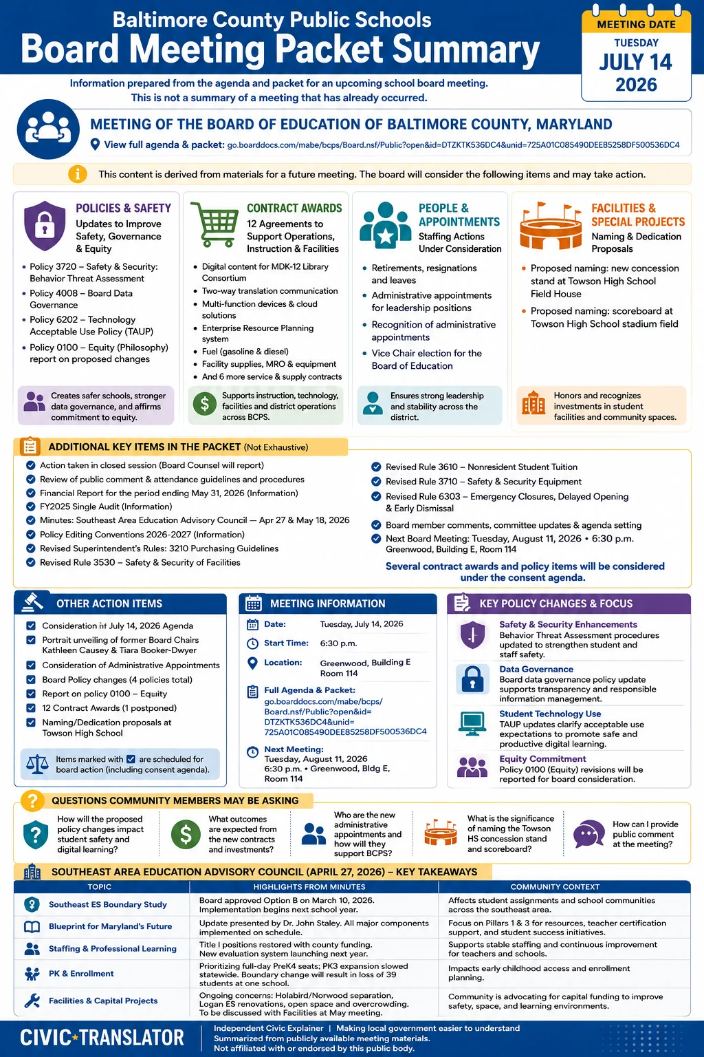School Board Agenda & Packet Summary – BCPS – July 14, 2026 infographic