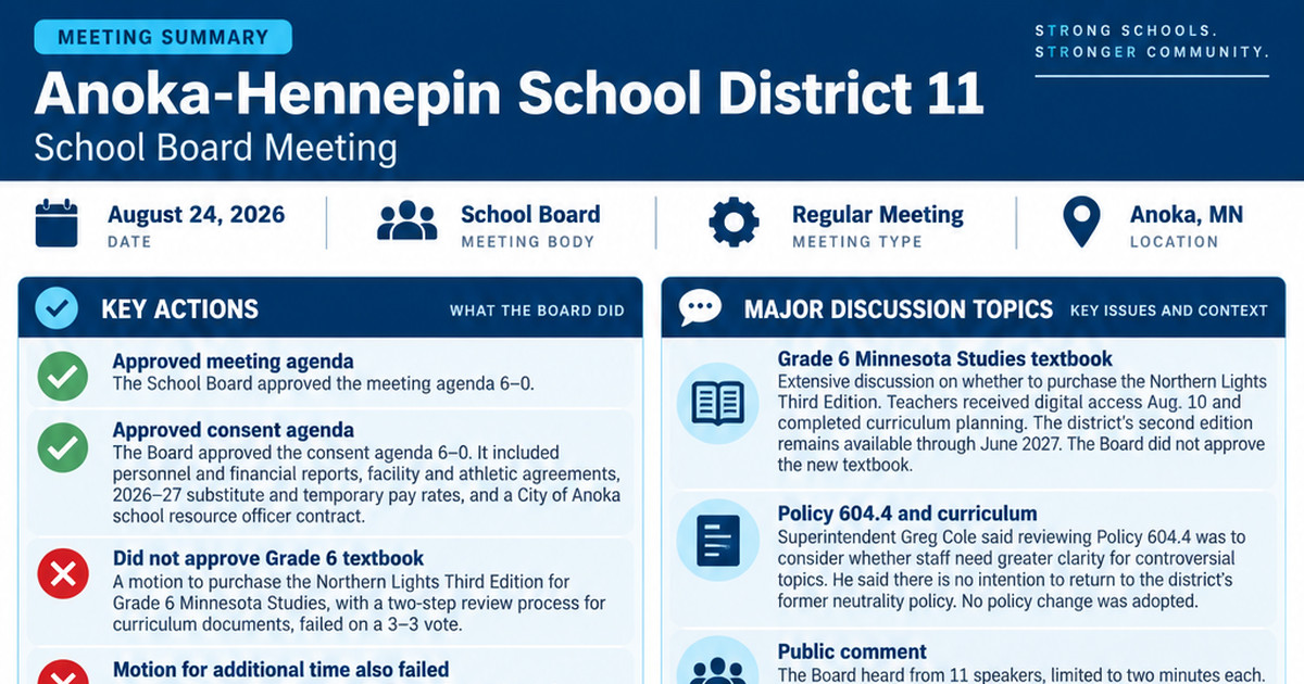Anoka-Hennepin School District 11 latest meeting summary