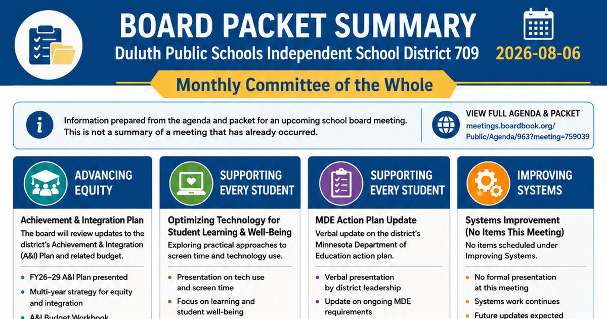Duluth Public Schools Independent School District 709 latest meeting summary