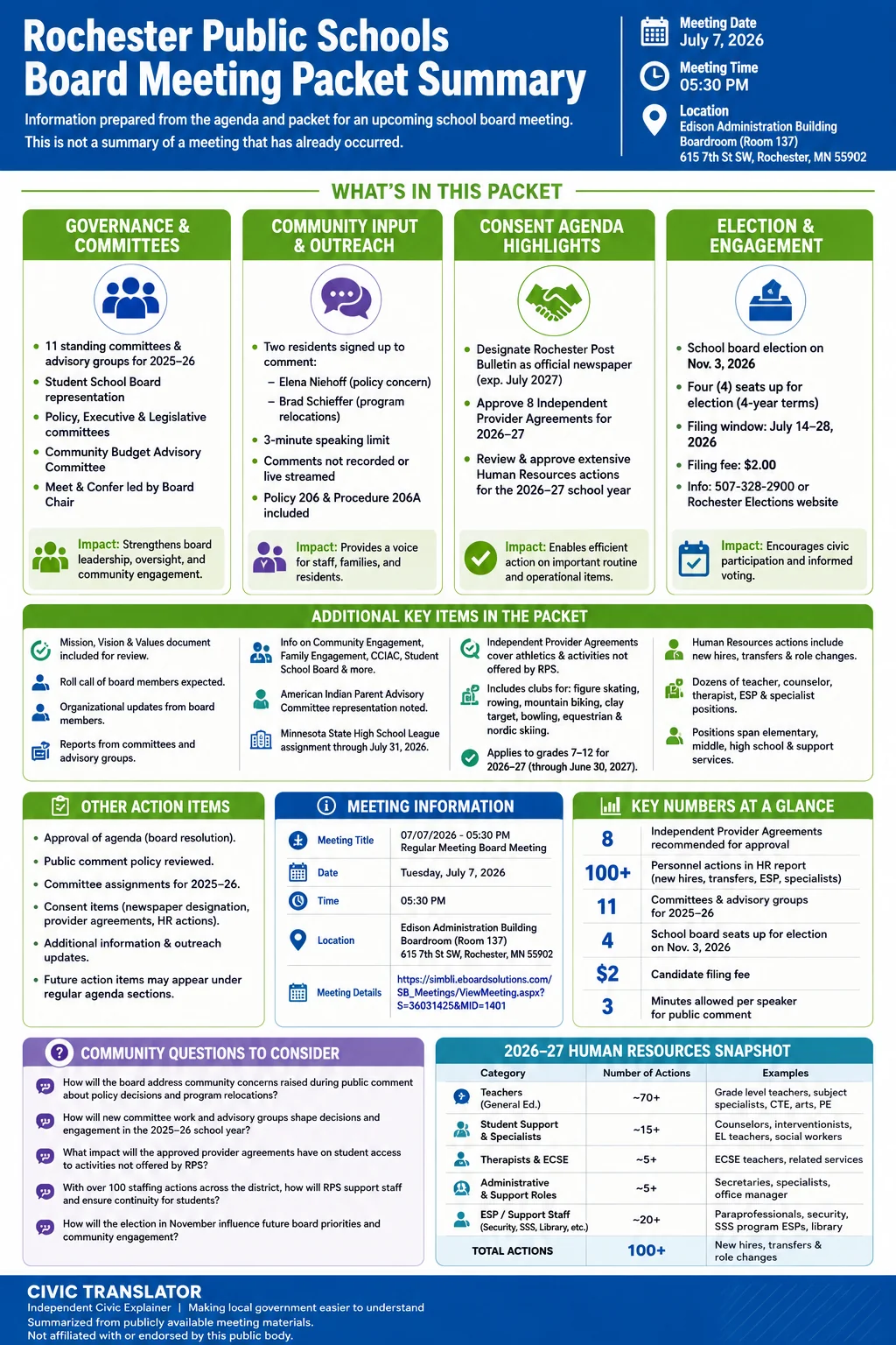 School Board Agenda & Packet Summary – RPS – July 7, 2026 infographic