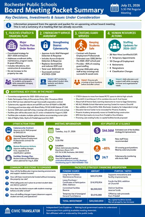Rochester Public Schools — School Board Packet Summary — July 21, 2026 infographic