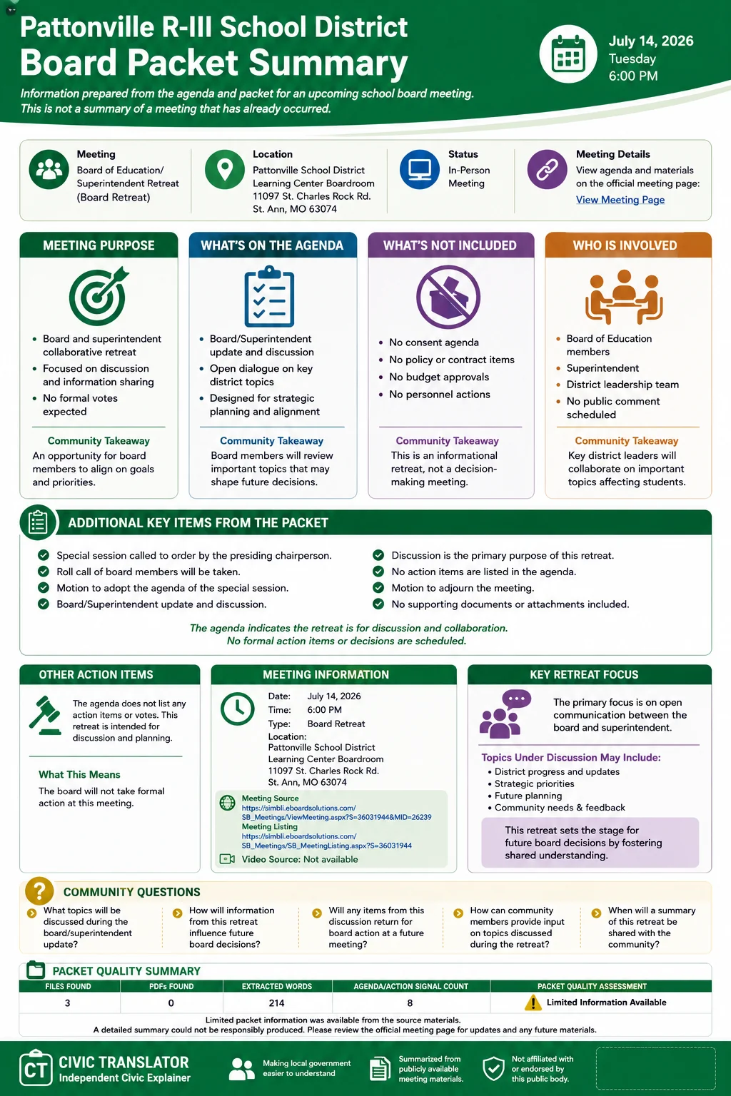 School Board Agenda & Packet Summary – PSDR3 – July 14, 2026 infographic