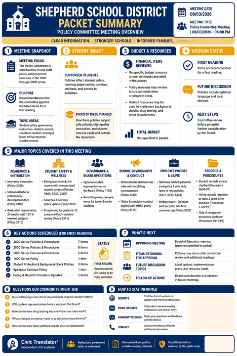 Shepherd School District — School Board Packet Summary — August 3, 2026 infographic