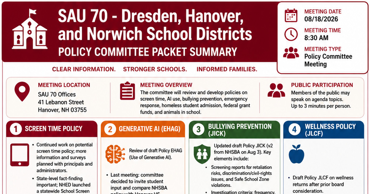 SAU 70 - Dresden, Hanover, and Norwich School Districts latest meeting summary