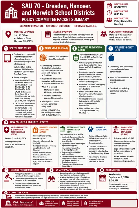SAU 70 - Dresden, Hanover, and Norwich School Districts — School Board Packet Summary — August 18, 2026 infographic