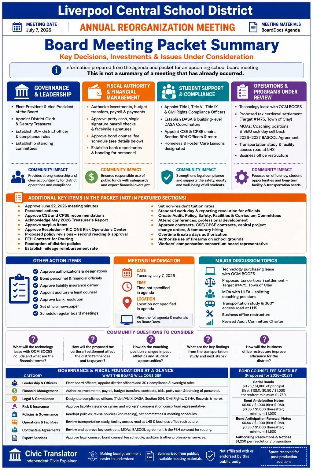 School Board Agenda & Packet Summary – Liverpool Central School District – July 7, 2026 infographic