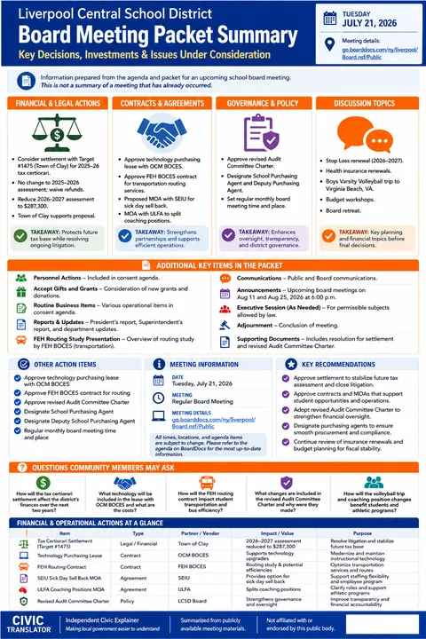 Liverpool Central School District — School Board Packet Summary — July 21, 2026 infographic