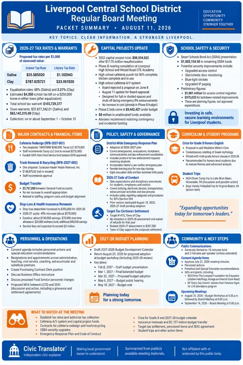 Liverpool Central School District — School Board Packet Summary — August 11, 2026 infographic