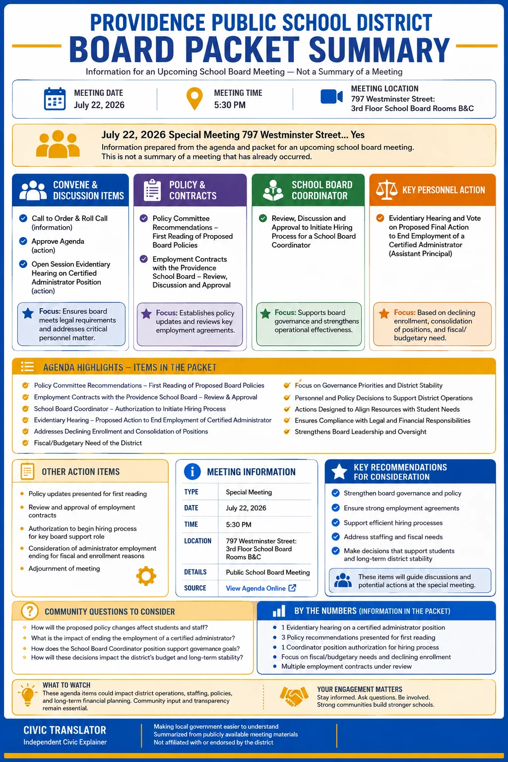 School Board Agenda & Packet Summary – PPSD – July 22, 2026 infographic