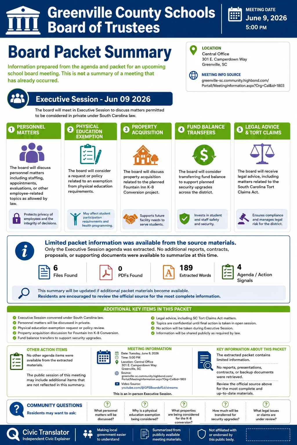 School Board Agenda & Packet Summary – GCS – June 9, 2026 infographic