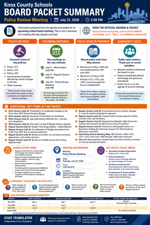 Knox County Schools — School Board Packet Summary — July 22, 2026 infographic