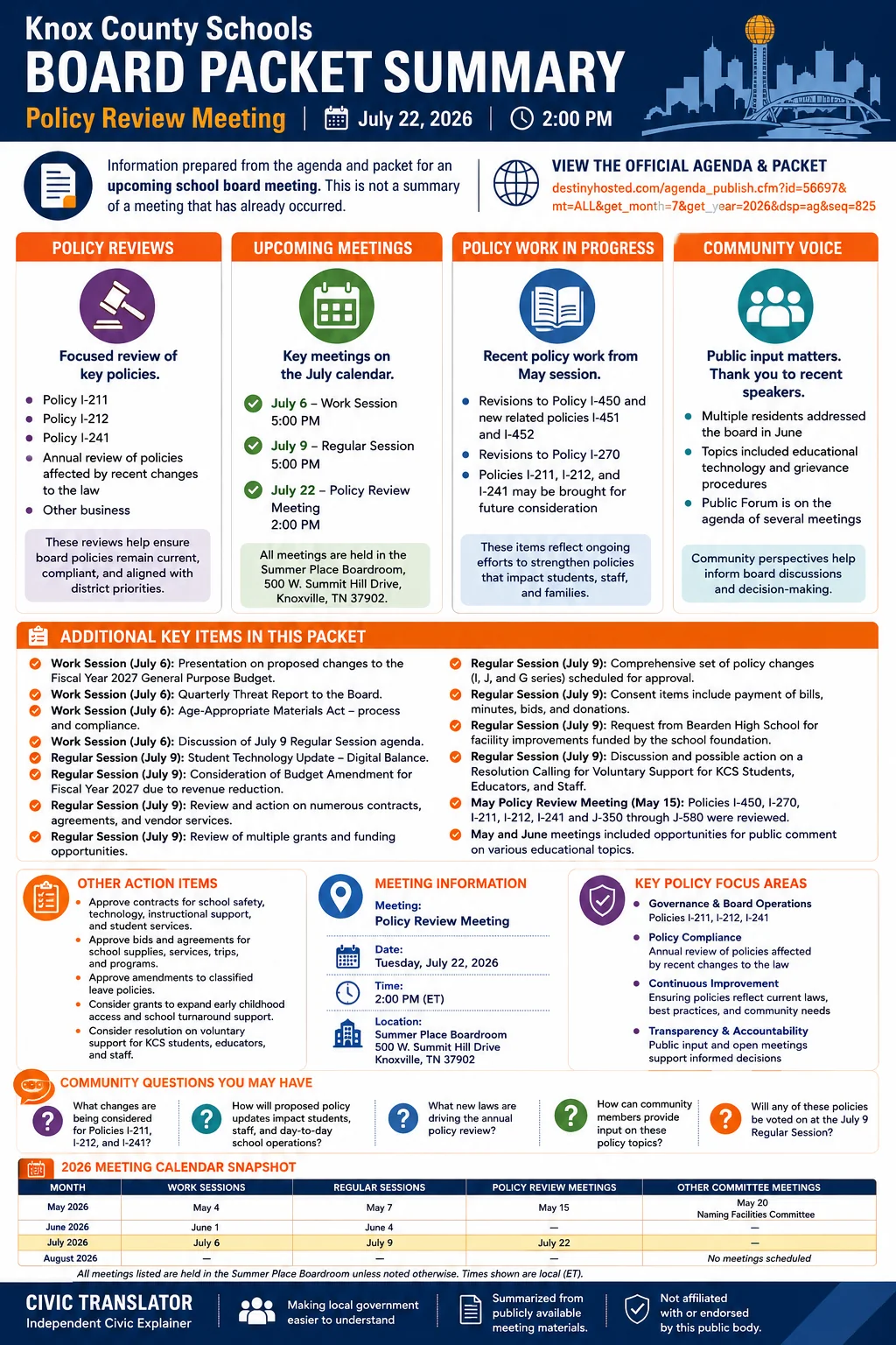 School Board Agenda & Packet Summary – KCS – July 22, 2026 infographic
