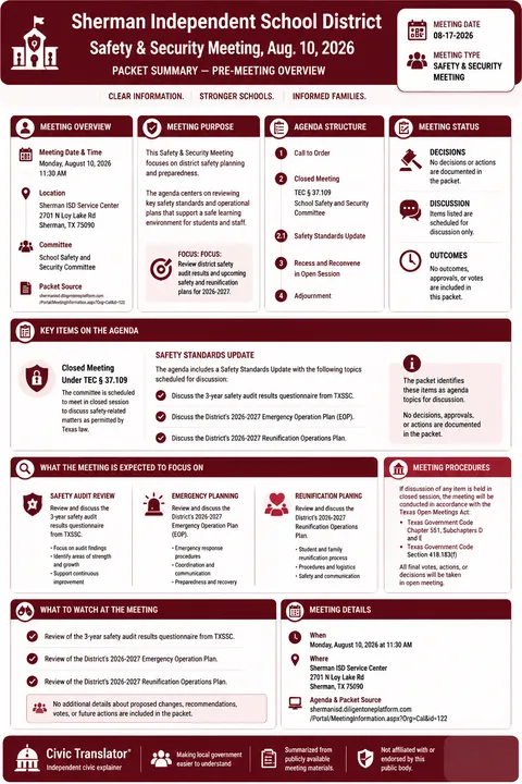 Sherman Independent School District — School Board Packet Summary — August 17, 2026 infographic