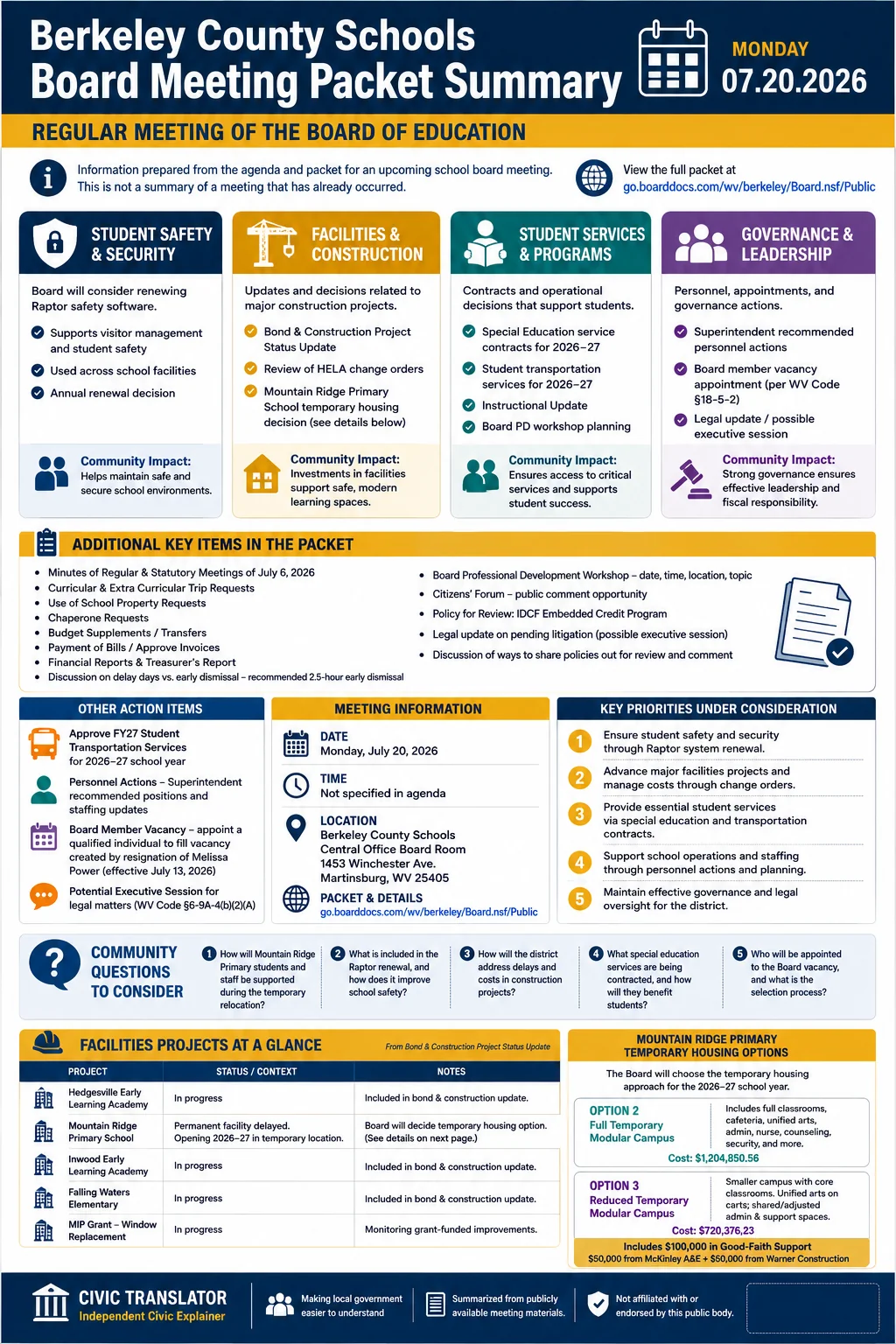 School Board Agenda & Packet Summary – BCS – July 20, 2026 infographic