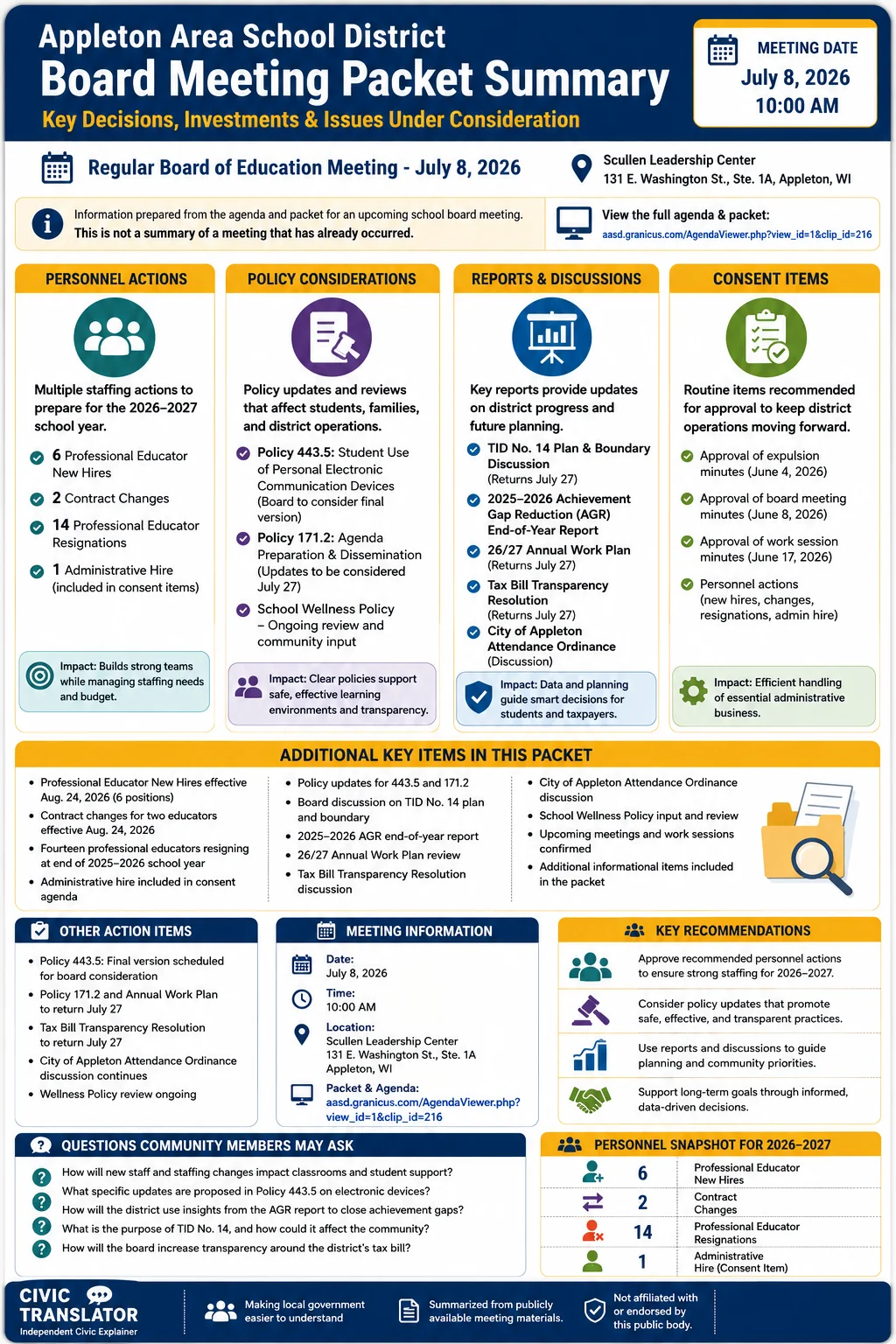 School Board Agenda & Packet Summary – AASD – July 8, 2026 infographic