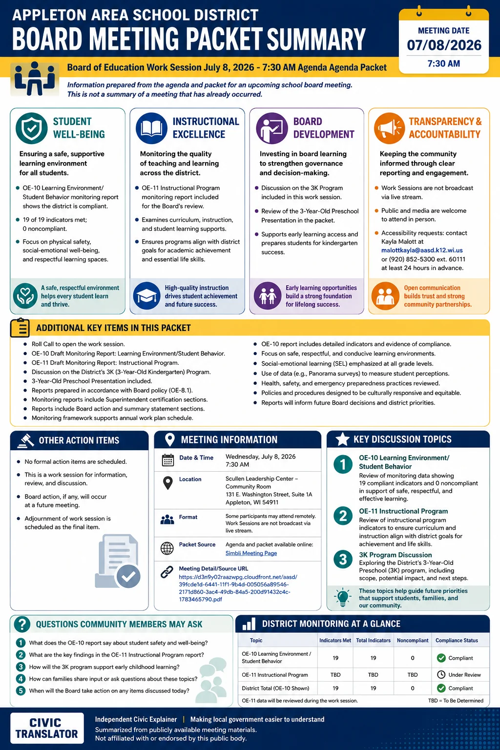 School Board Agenda & Packet Summary – AASD – July 8, 2026 infographic