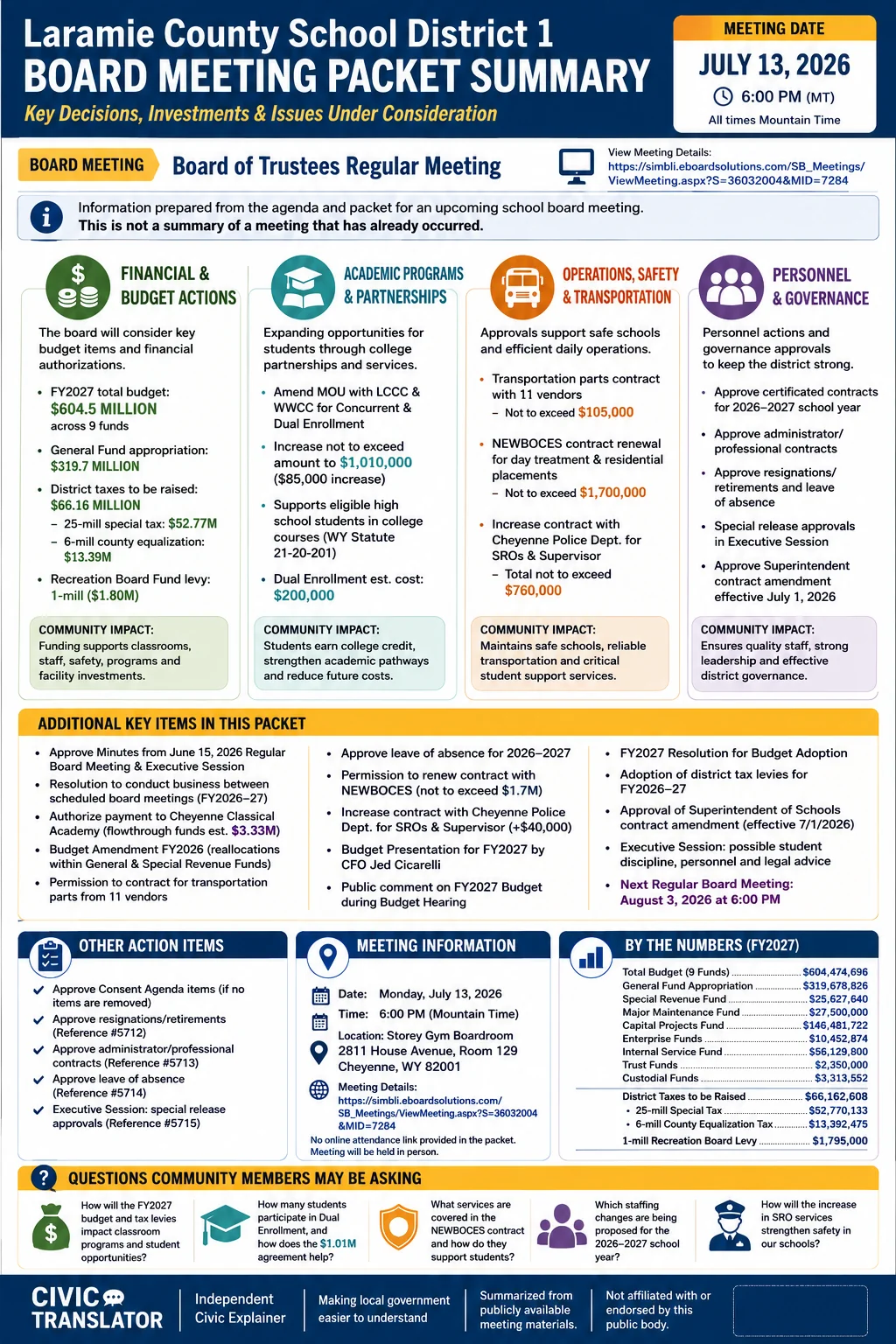 School Board Agenda & Packet Summary – Laramie County School District 1 – July 13, 2026 infographic